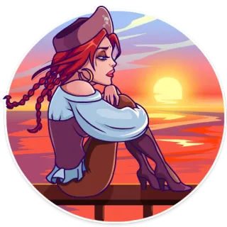 😒 pirat, piratin, cartoon, sonnenuntergang, ozean, meer, frau telegram sticker