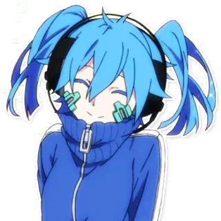 😊 Anime, Manga, Dibujo animado, Personaje, pelo azul, auriculares, sonrisa whatsapp sticker