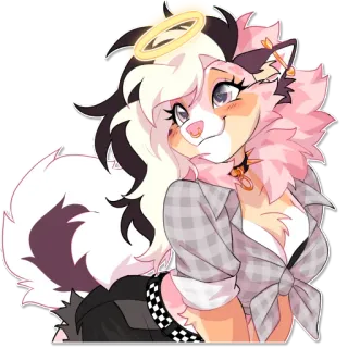 😇 furry, anthropomorphic, anime style, cat, halo, cute, digital art, plaid shirt whatsapp sticker