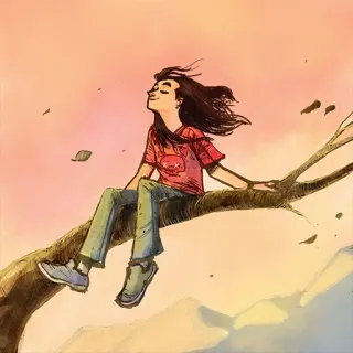 ☂️ fille, arbre, nature, relaxation, coucher de soleil, dessin animé, illustration whatsapp sticker