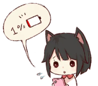 🔋 1% батарея, низкий заряд, кошачьи ушки, аниме, мультфильм telegram sticker