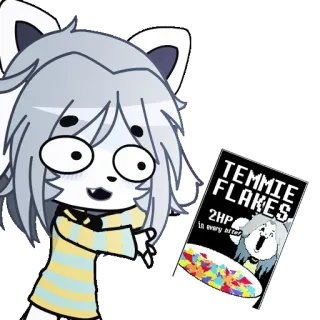 😳 Temmie Undertale TEMMIE FLAKES
2HP temmie, undertale, video game, cereal, temmie flakes, engraçado, fofo telegram sticker