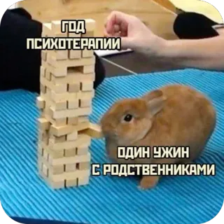 🫥 ГОД ПСИХОТЕРАПИИ ОДИН УЖИН С РОДСТВЕННИКАМИ rabbit, jenga, therapy, family dinner, stress, funny, meme, animal telegram sticker