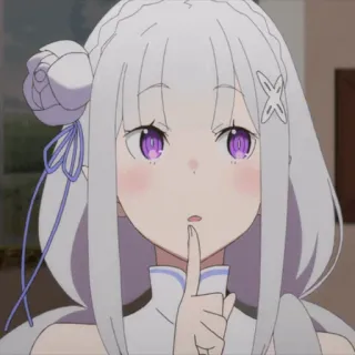 🤍 Emilia Re:Zero anime, ragazza, capelli bianchi, occhi viola, carina, shhh telegram sticker
