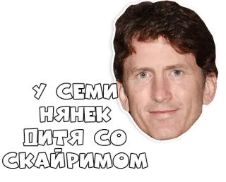😀 Todd Howard Skyrim У СЕМИ НЯНЕК ДИТЯ СО СКАЙРИМОМ Skyrim, Todd Howard, jogo, meme, videogame, russo, humor telegram sticker