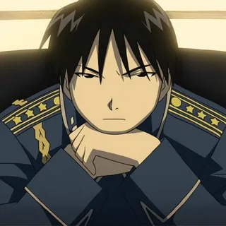💙 Roy Mustang Fullmetal Alchemist Roy Mustang, Fullmetal Alchemist, anime, thinking, contemplative, military uniform, fictional character telegram sticker