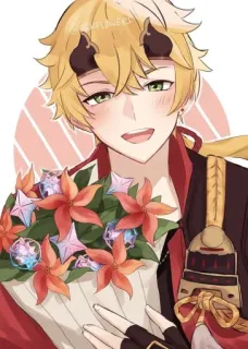 🍁 Thoma Genshin Impact 动漫, 原神, 托马, 电子游戏, 角色, 金发, 花 telegram sticker