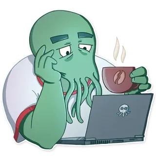 😴 Alien, Oktopus, Kaffee, Laptop, Cartoon, Figur, Sticker telegram sticker