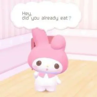 🤔 My Melody Hey, did you already eat? słodki, kreskówka, różowy, powitanie, jedzenie telegram sticker