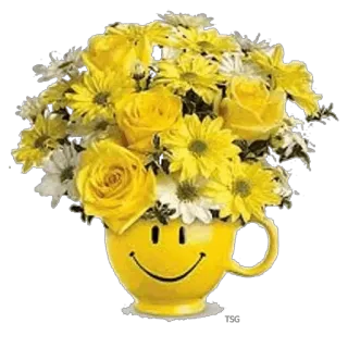 🌹 flowers, yellow, roses, daisies, smiley face, cup whatsapp sticker