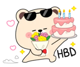 😉 ours, dessin animé, anniversaire, gâteau, fleurs, célébration whatsapp sticker