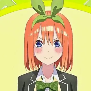 🧩 Yotsuba Nakano The Quintessential Quintuplets fille anime, cheveux orange, ruban vert, joyeux, sourire, mignon, uniforme scolaire telegram sticker