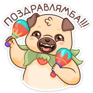 🥳 ПОЗДРАВЛЯМБА!!! 퍼그, 개, 축하, 마라카스, 축하, 파티 telegram sticker