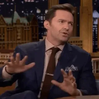 🔮 Hugh Jackman actor, celebrity, talk show, suit, man, hand gesture whatsapp sticker