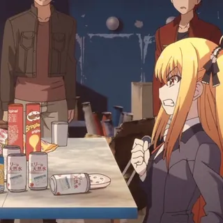 😡 Anime, Bravo, Cabelo loiro, Mesa, Lanches whatsapp sticker