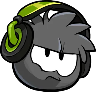 😒 pinguino, cartone animato, arrabbiato, cuffie, grigio, verde telegram sticker