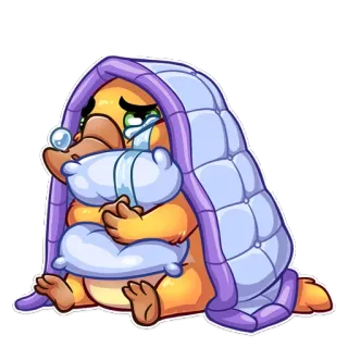 😭 crying, sad, cartoon, platypus, blanket, pillow, sleepy telegram sticker