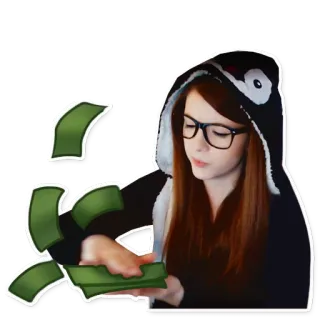 💵 soldi, contanti, ricchezza, giovane donna, occhiali, felpa con cappuccio telegram sticker