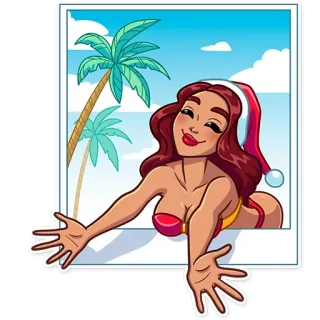 🤗 woman, beach, christmas, santa hat, tropical, palm tree, summer telegram sticker