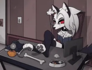 🎶 Loona Helluva Boss kartun, anjing neraka, Loona, Helluva Boss, meja, kantor telegram sticker