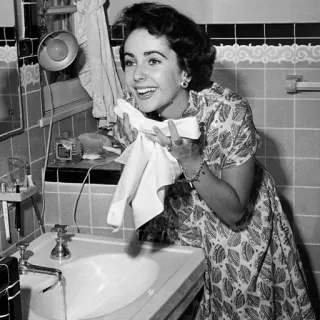 ➿ mulher, lavando, banheiro, pia, toalha, retrô, vintage telegram sticker
