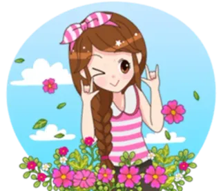 😺 Desenho animado, Menina, Bonitinho, Flores, Piscadela whatsapp sticker