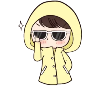 😎 desenho animado, óculos de sol, capa de chuva amarela, fofo, menina, brilho, animação whatsapp sticker