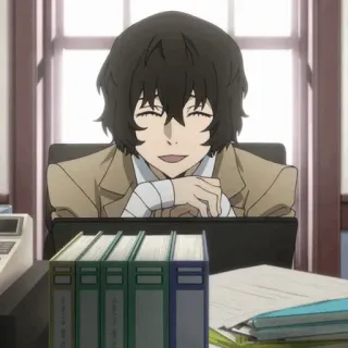 ✨ Osamu Dazai Bungou Stray Dogs อนิเมะ, ดาไซ, Bungou Stray Dogs, ตัวละคร, ยิ้ม, สำนักงาน, โต๊ะทำงาน telegram sticker