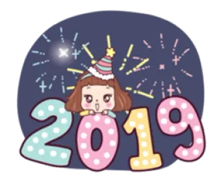 🎉 2019 capodanno, festa, fuochi d'artificio, cartoni animati, ragazza, cappello da festa, numero telegram sticker