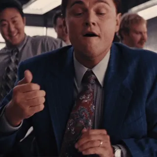 🖕 leonardo dicaprio, pollice in su, eccitato, affari, successo, the wolf of wall street, celebrazione, film whatsapp sticker