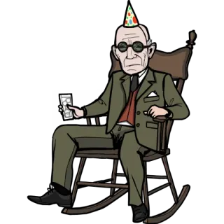 🍺 mann, schaukelstuhl, partyhut, cartoon, alt, feier telegram sticker