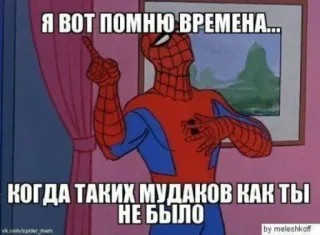 😓 Spider-Man Я вот помню времена... когда таких мудаков как ты не было spider-man, meme, beleidigend, russisch, beleidigung telegram sticker