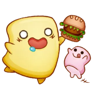 🤤 น่ารัก, การ์ตูน, คาวาอิ, เบอร์เกอร์, อาหาร, สีเหลือง, สีชมพู, หยด telegram sticker