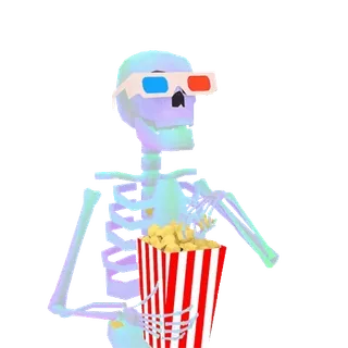 🍿 scheletro, popcorn, occhiali 3D, film, divertente, ossa whatsapp sticker