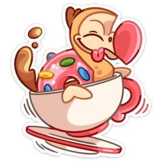 😛 Cartone animato, Carino, Uccello, Ciambella, Tazza, Tè, Kawaii, Dodo whatsapp sticker