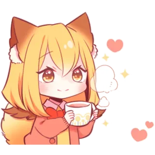 ☕️ anime, chibi, cute, kawaii, fox girl, tea, heart, manga telegram sticker