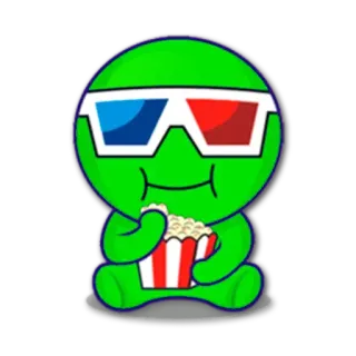 🍿 cartoon, green character, popcorn, 3D glasses, watching movie, animation telegram sticker