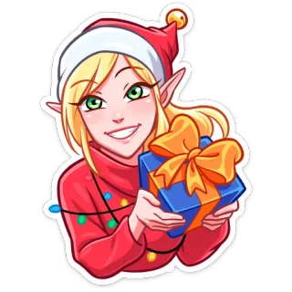 🎁 kerst, elf, cadeau, feestdagen, cartoon, vrouw, geschenk telegram sticker