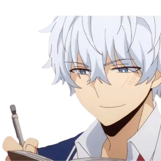 😊 Anime, Chico, Lindo, Uniforme escolar, Personaje, Pelo blanco, Cuaderno, Escritura telegram sticker