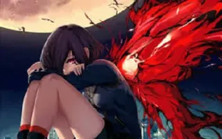 😔 anime girl, sad, red, wings, dark, night whatsapp sticker