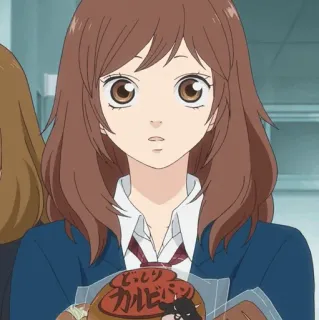 🥡 カルビ anime, girl, school uniform, japanese text, food, brown hair telegram sticker
