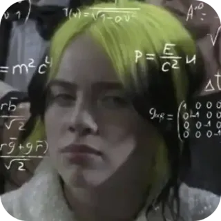 🤨 Billie Eilish T(v)=sqrt(1-uv) P=E/c^2 m=c^4 g_ab=... 1 0 0 0 0 0 -1 0 0 0 0 -1 0 0 0 -1 telegram sticker