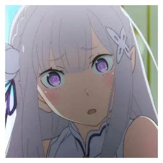 ☁️ Emilia Re:Zero anime, mujer, pelo largo, pelo blanco, ojos morados, kawaii whatsapp sticker
