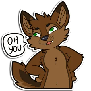 😏 OH you furry, brown wolf, cute, fluffy, cartoon, anthropomorphic, smiling telegram sticker