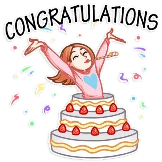 🎂 CONGRATULATIONS celebration, congratulations, cake, party, confetti, woman whatsapp sticker