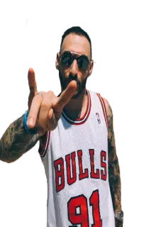 🤘 Mann, Trikot, Basketball, Geste, Pommesgabel, Tattoo, Sonnenbrille telegram sticker