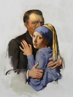 ❤ Gemälde, Kunst, Mädchen mit dem Perlenohrring, Mann, Umarmung, Klassische Kunst telegram sticker