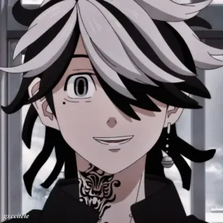 🤓 Anime, Charakter, Mann, Schwarz-weißes Haar, Tätowierung, Porträt telegram sticker