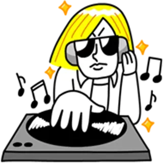 😎 ดีเจ, เพลง, เครื่องเล่นแผ่นเสียง, การ์ตูน, แว่นกันแดด, ผมบลอนด์ telegram sticker