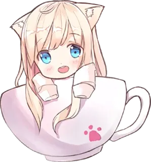 🙂 애니메이션 소녀, 고양이 귀, 카와이, 귀여운, 만화, 찻잔, 발자국 telegram sticker